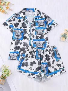 Summer Women's Cartoon Cow Print Pajama Set, Casual Homewear, Wearable Outdoors, Fitted Sleepwear, Comfortable Nightwear