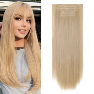 Enchanted Blonde Clip in Hair Extensions 24 inch 6 pcs Synthetic Hairpieces Soft and Lightweight Hair Extensions for Women Clip in Long Straight Hair Extensions Natural Blends Well Hair Extensions Bleach Blonde Clip-in Hir Extensions Long Layered for Girl