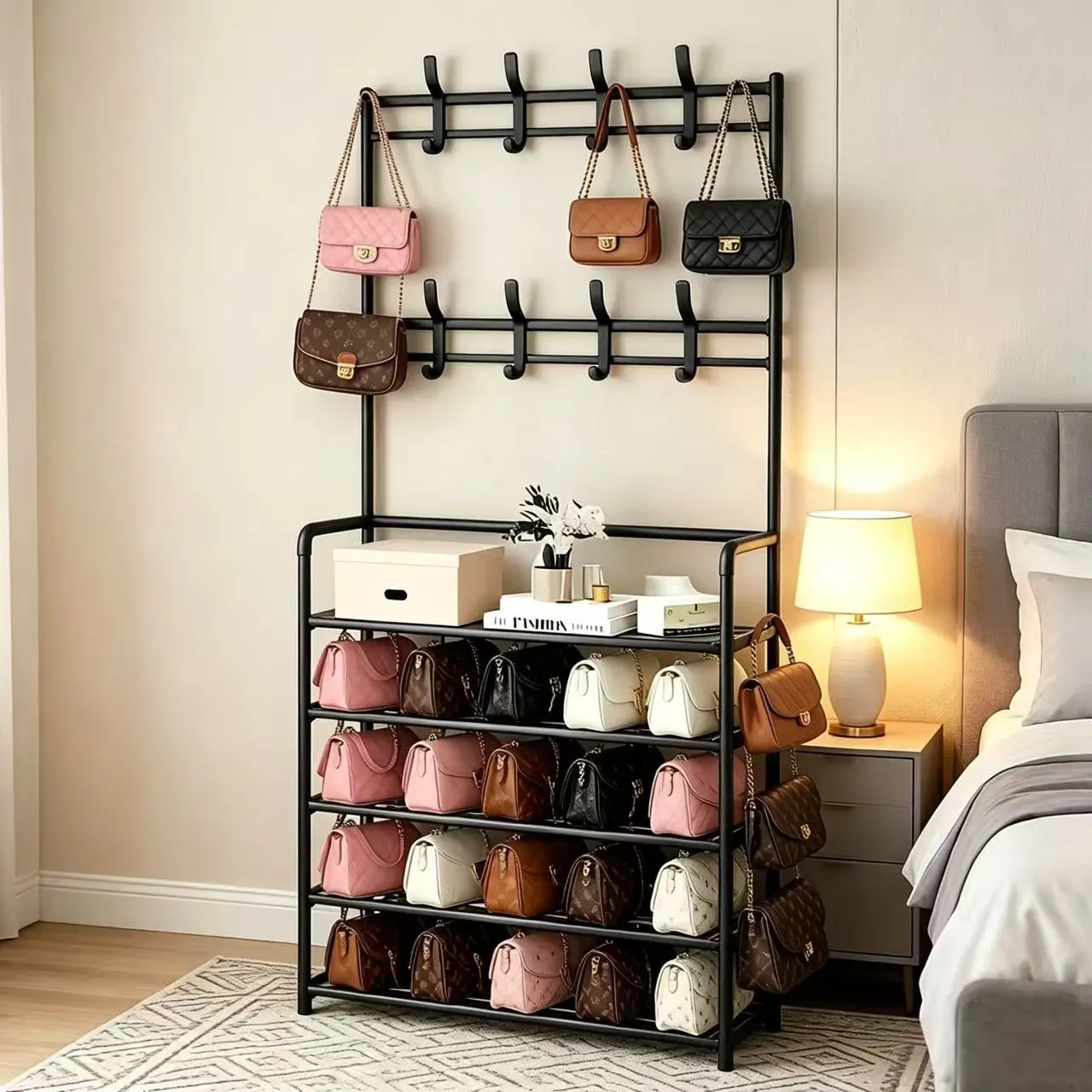 5-Tier Metal Shoe Rack Organizer - 5-Layer Floor-Standing Multi-Level Shoe Storage Holder with Coat Hooks, 20-25 Kg Load Capacity, Sleek Easy-to-Install Home Organizer for Hallway, Living Room, 5-Layer Shoe Storage