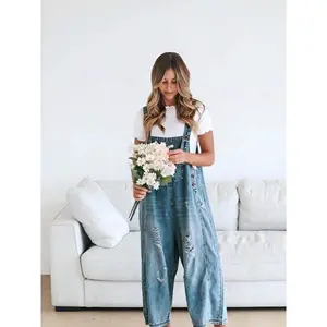 Women'sDenimOverallsCasualJumpsuitsLooseFitAdjustableStrapDistressedBibJeansOverallJumpsuitsWomen'sCasualDenimOverallJumpsuitwithBeltPocketsSleevelessBluePolyesterFabric