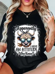100% Cotton Unisex Apparently I Have An Attitude Who Knew Bleached Highland Cow T-Shirt Casual Top