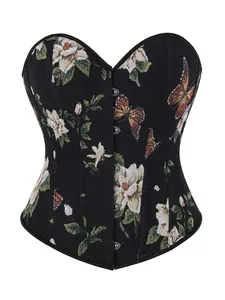 Women's New European Style Tight-Fitting Corset Top, Elegant Floral Butterfly Pattern Back Tie Body Shaping Shapewear, Bone Support Tummy Control Waist Cincher