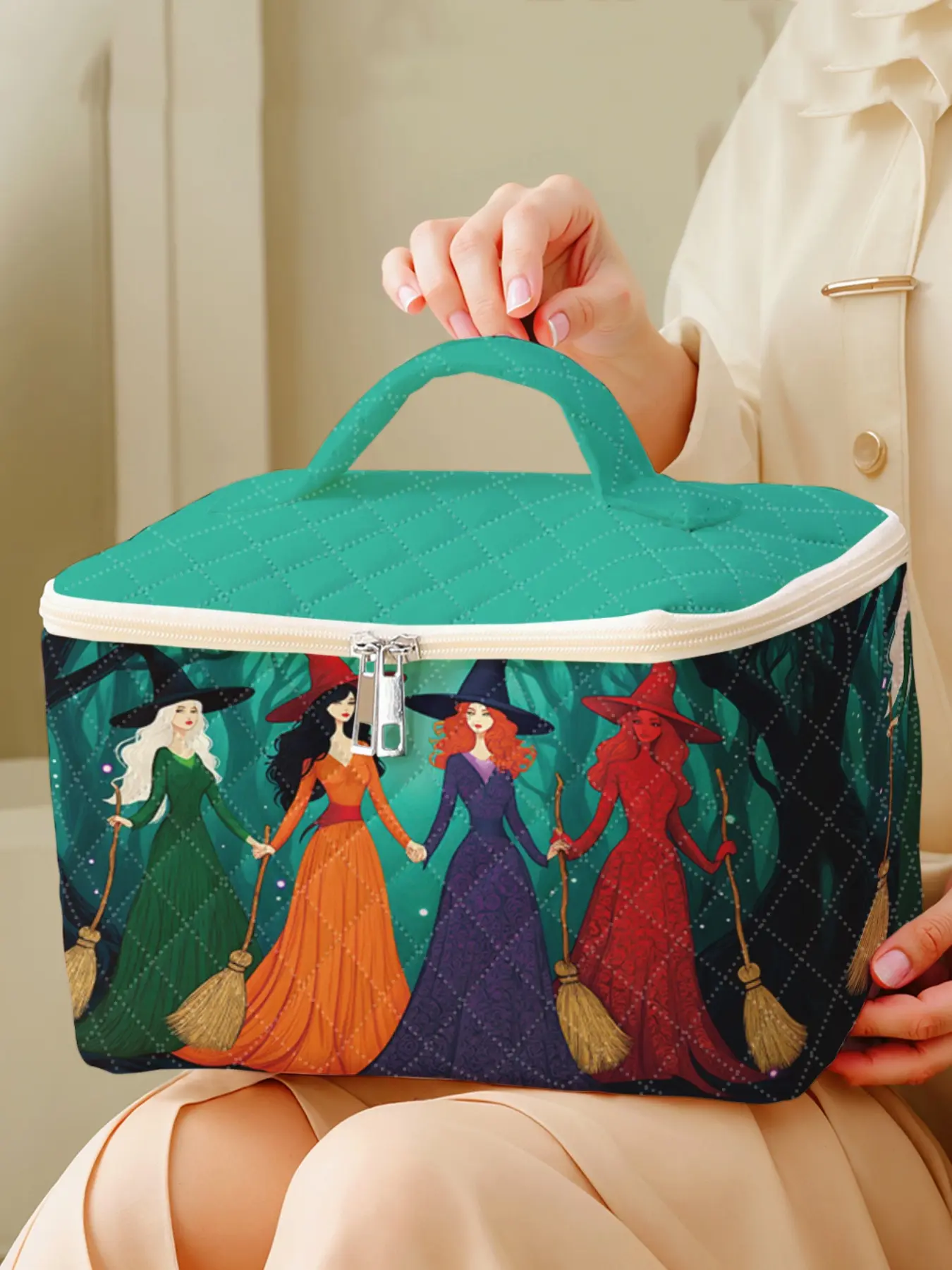1 piece of witch pattern 2D printed portable travel makeup, brush and accessory organizer, storage box toolbox, large capacity travel wash and rinse supplies organizer bag, cute and fashionable makeup bag, Cosmetic Bag, Cosmetics Bag