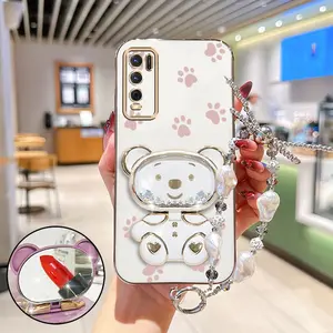 Y50 Impact Resistant Plating Jewelry Strap Lanyard Phone Holder Case For Compatible With Vivo Y50 Cute Pink Palm Print Bear Stand Cover