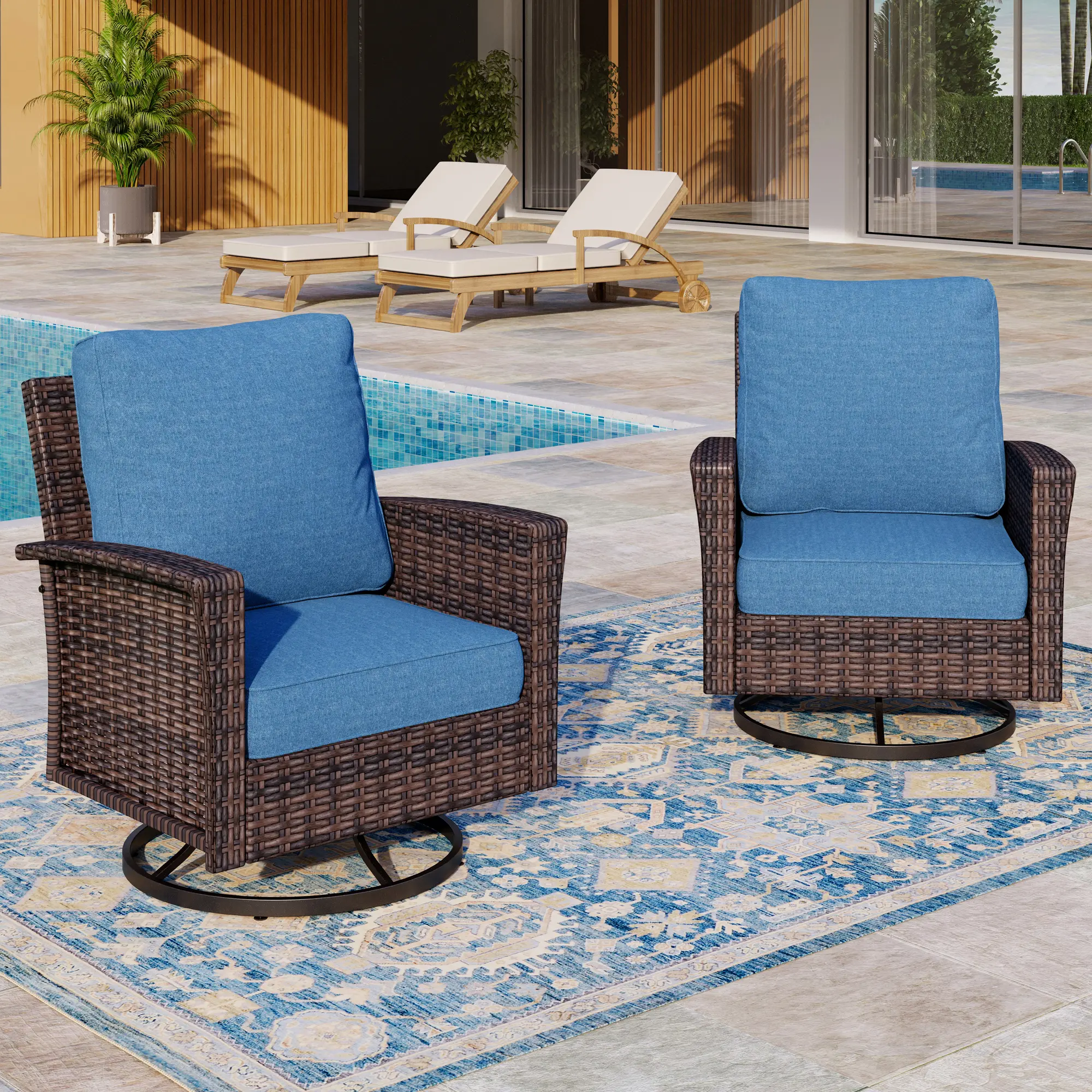 PHIVILLA Swivel Patio Wicker Chairs Set of 2, Outdoor Swivel Patio Rattan Chairs with High Back and 5.5" Thick Cushions for Bistro Balcony Porch Deck and Yard, Peacock Blue