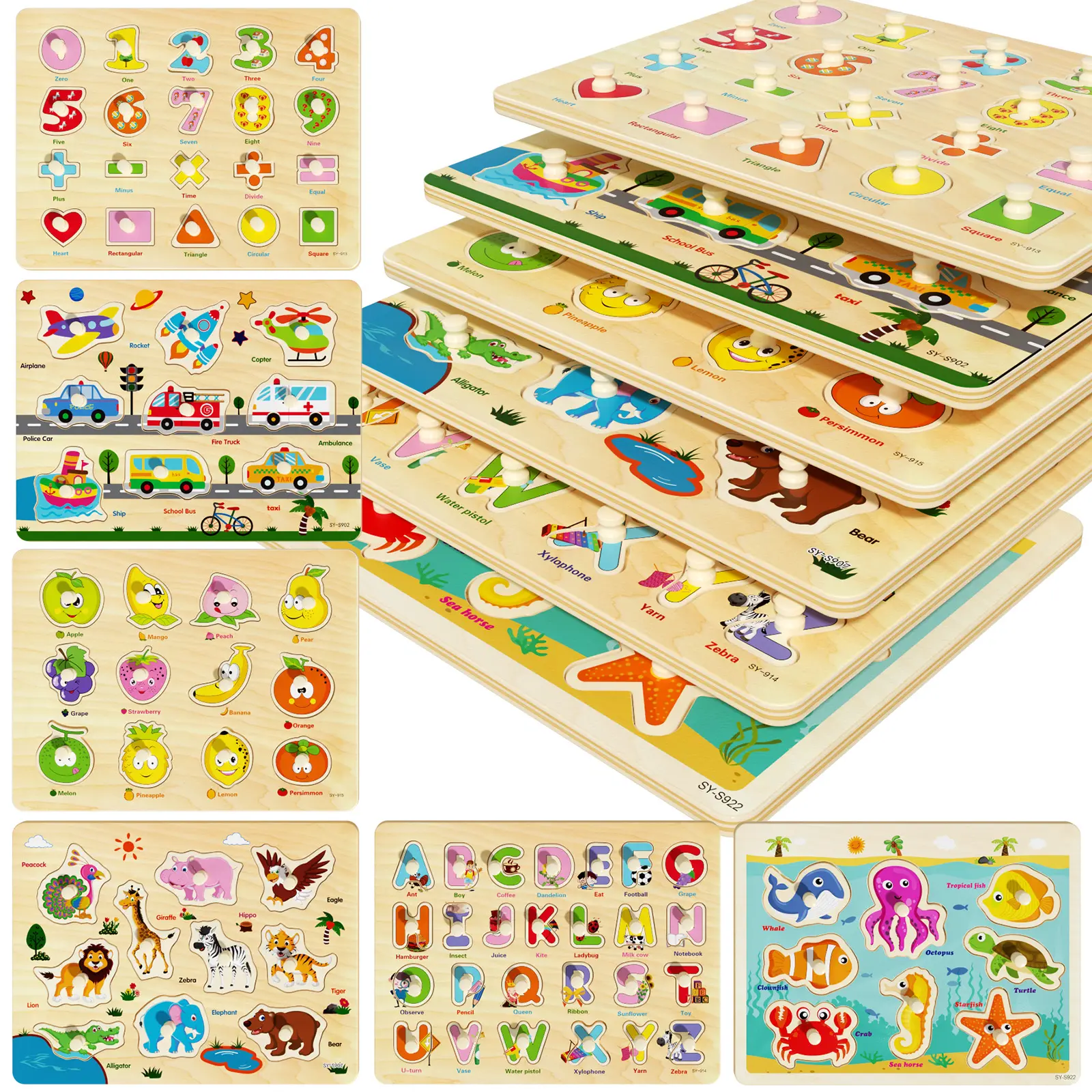 6 Pack Wooden Montessori Peg Puzzles set for Toddlers 1 2 3 4, Durable Interactive Educational Game for Kids, Learning Activity Set for Boys Girls 1 2 3 4, Perfect Birthday and Christmas Gift for Early Development and Fine Motor Skills Development