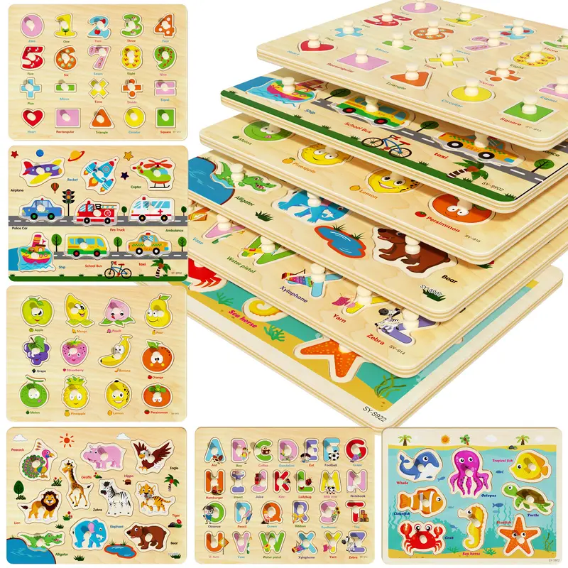 6-Pack Wooden Montessori Peg Puzzles - Wooden Jigsaw Puzzle Kids Toy, Durable Interactive Educational Activity Set, Fine Motor Skills Early Development Game, Ideal Birthday Christmas Gift for Toddlers 1-4,Halloween gift,Christmas gift