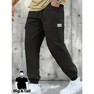 Plus Size Men's Solid Color Casual Cargo Pants, Lightweight Drawstring Waist & Large Patch Pockets, Ideal for Outdoor Sports & Daily Fashion Wear