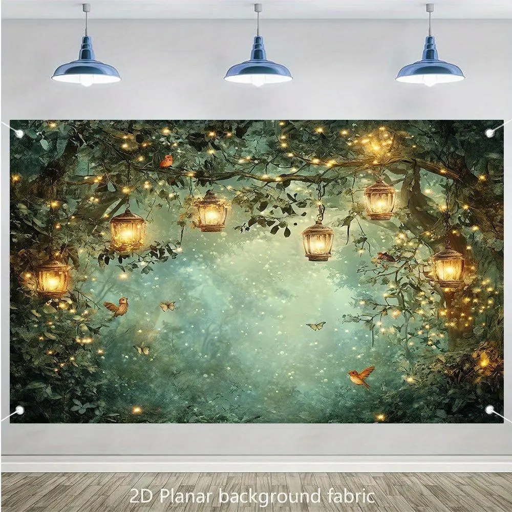 1pc Durable Soft 2D Flat Enchanted Forest Self-Adhesive Decorative Ornament Tile Sticker - Glam Magical Woodland Glowing Lanterns, Birds for Birthday, Wedding Wall Decoration