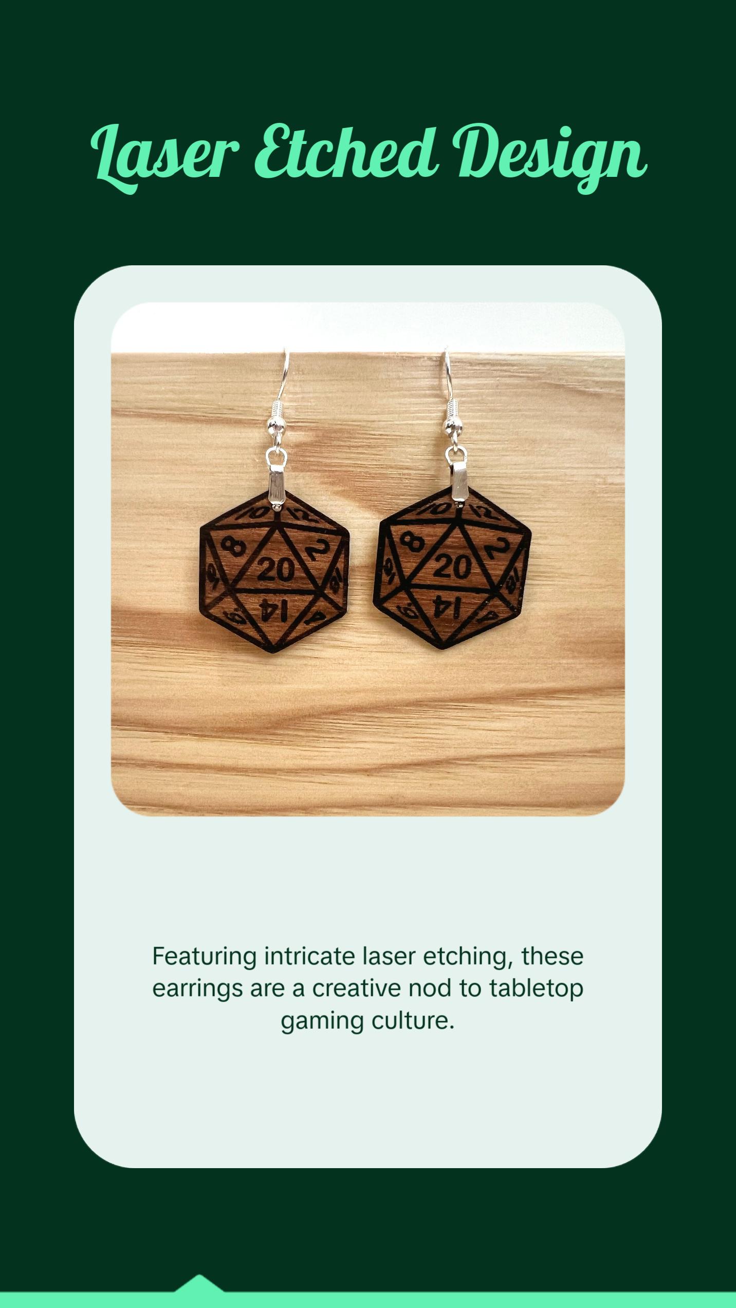 D20 DICE Walnut Earrings Silver S925 clamp style hooks- D & D inspired Walnut Earrings