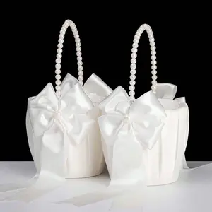 Wedding Flower Girl Basket Set, Cute Pearl Handle Satin Bow, Ivory Color, Perfect Wedding Ceremony Accessories, Party Supplies, 1/2 Pieces