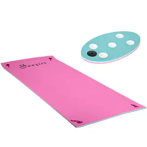 Soozier 12' x 5' Lily Pad Floating Mat with Cup Holder Table, 3-Layer Portable Roll-Up Water Mat Float Dock for 2-3 People, on Lake, River, Beach, Swimming Pool