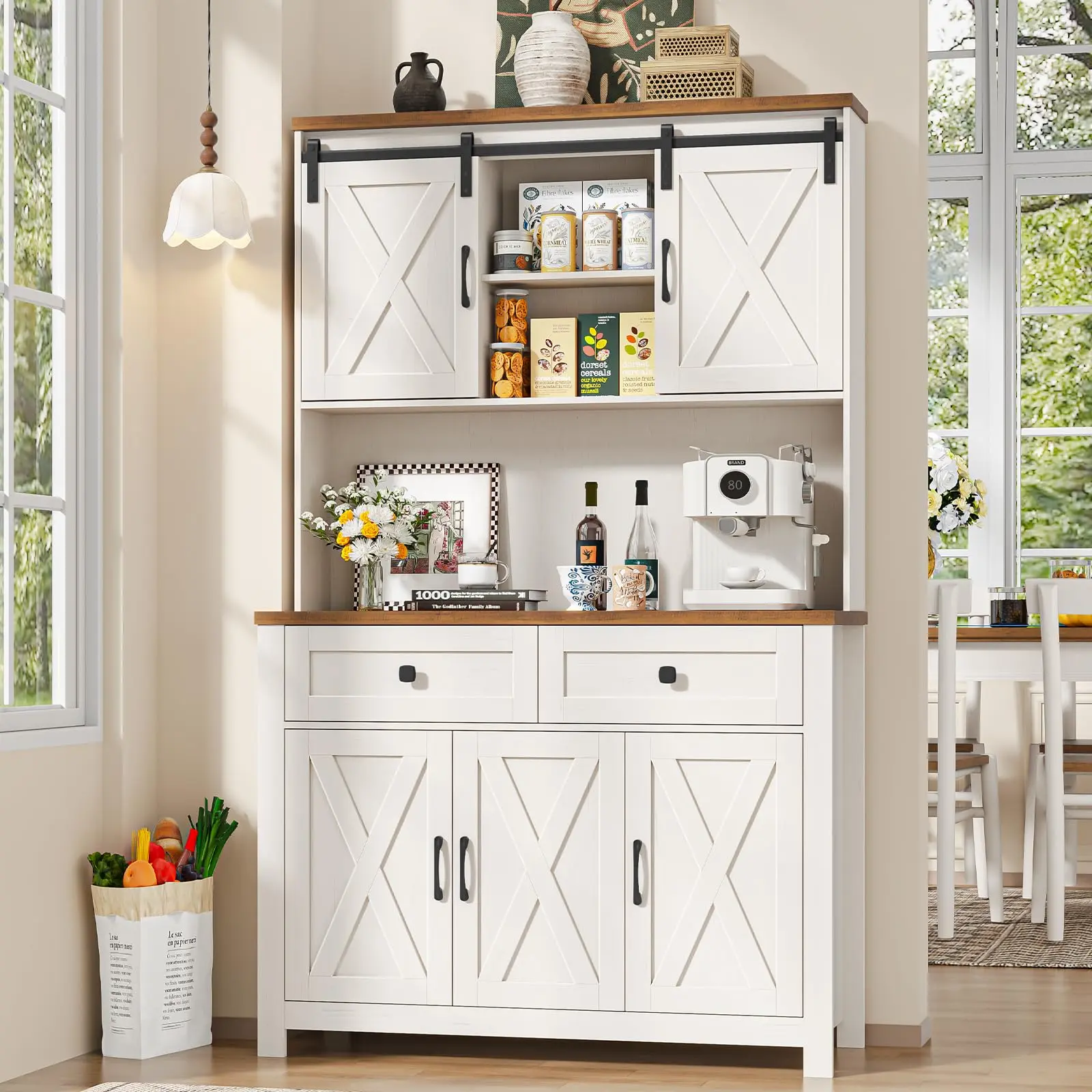 [Summergarden] Vabches 67.7 in Modern Farmhouse Pantry Cabinet - Freestanding Cupboard Pantry with Sliding Barn Doors, 2-Drawer, Adjustable Shelves, Side Board for Kitchen, Living Room