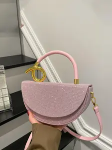 1pc Sparkling Finish Half Moon Shape Handbag for Women, Creative Spiral Metal Buckle Saddle Bag, Sparkling Evening Handbag, Detachable Shoulder Strap Crossbody Bag, Party Date Personalized Bag, Stylish Handbag