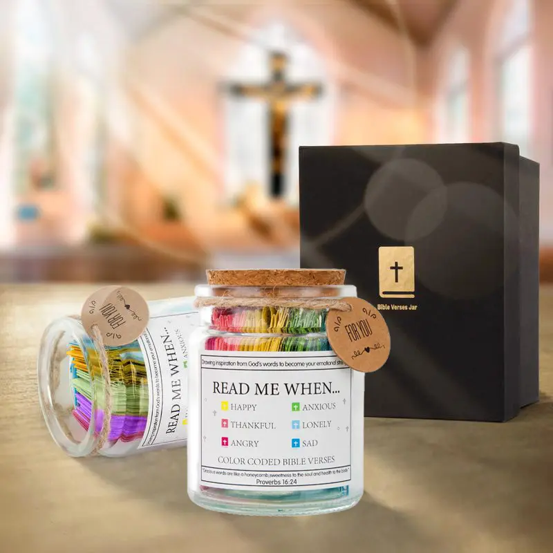 Color-Coded Christian Glass Jar with 90 Inspirational Bible Verses - Thickened Glass Home Storage Organizer, Safety Box for Daily Strength, Easter Faith-Enhancing Gift for Catholic Individuals