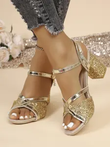 Cross Strap Sequin Heeled Sandals for Women, Comfortable Soft Sole Mid-Heel Shoes, Versatile Fashion Footwear