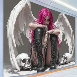 1pc Polyester Material 2D Flat Pink-Haired Angel Fantasy Art Tapestry, Gothic Style Wall Decor with Skull Accents, Gothic Style Accessories, No Power Needed, Ideal for Living Room, Bedroom Hanging Decor (White)