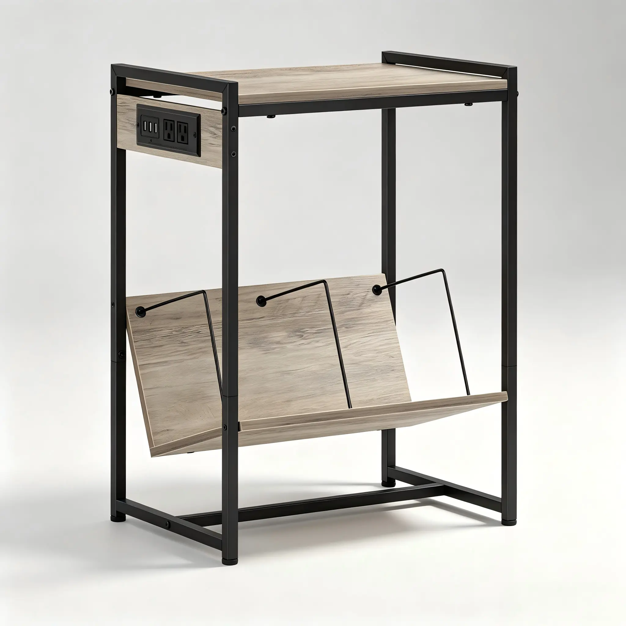 Heavy Duty MDF Board Vinyl Record Storage Side Table - 23.9in Ht. Industrial End Table with Charging Station, Charging Port, Lockable Wheels, V-Shaped Magazine Rack, Built-in Power Outlet, All Hardware for Living Room Bedroom, Us Plug Outl.
