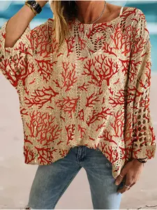 Women's Coral Ocean Print Long Sleeve Knit Top, Casual Elegant Vacation Style Sweater, Loose Batwing Shoulders, Spring Summer Fall Fashion