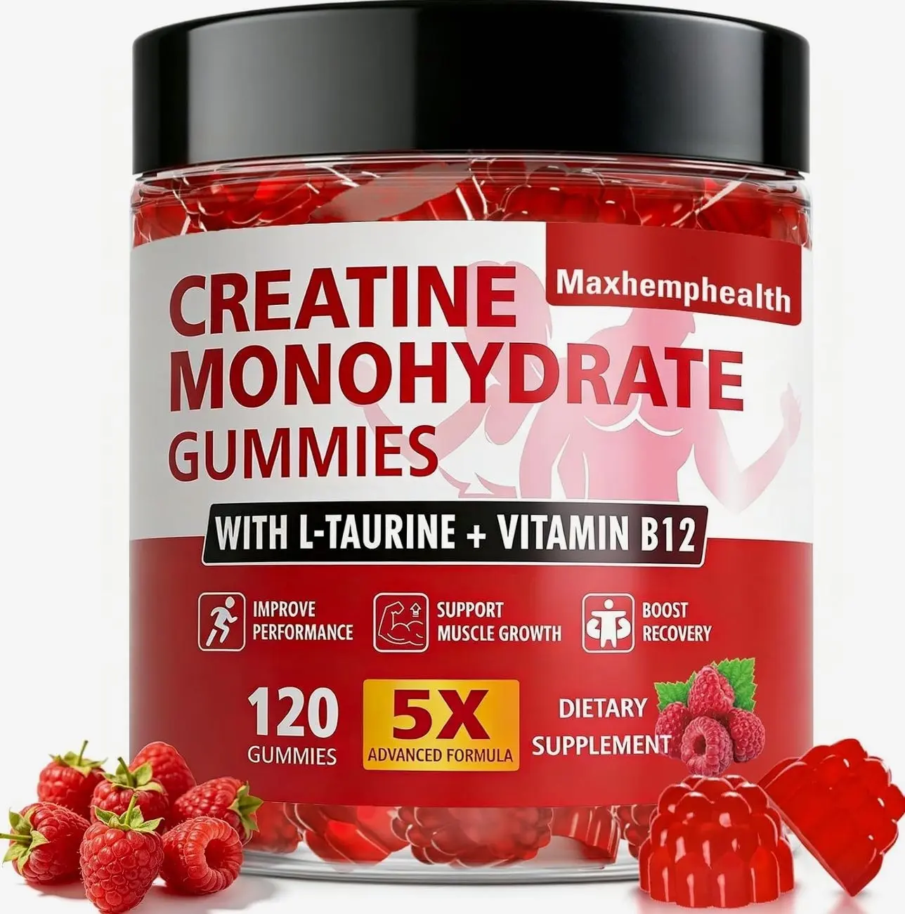 Creatine Gummies for Men & Women, Creatine Monohydrate Gummies 5g, Build Muscle, Strength, Recovery, Cognitive Health & Memory, Pre Workout Supplement, 120 Count Raspberry Chewable Gummy