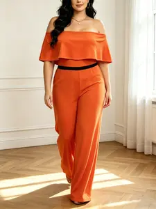 Plus Size Women's One-Shoulder Off-Shoulder Jumpsuit, Ruffle Top High-Waisted Wide-Leg Long Pants Jumpsuit, Casual All over Print