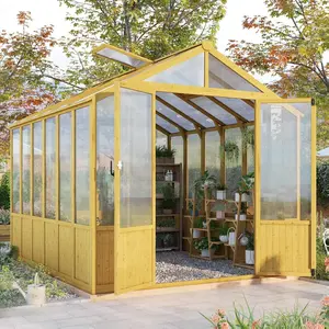 【Ships in 3 Boxes】AMERLIFE Wooden Greenhouse with Lockable Door, Walk-in Cedar Structure, Adjustable Roof Vents, Polycarbonate Panels for Outdoor, Garden, Backyard