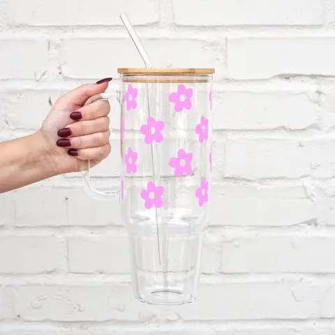 Daisy 40oz Glass Tumbler with Handle, Bamboo Lid & Straw, Floral Gift