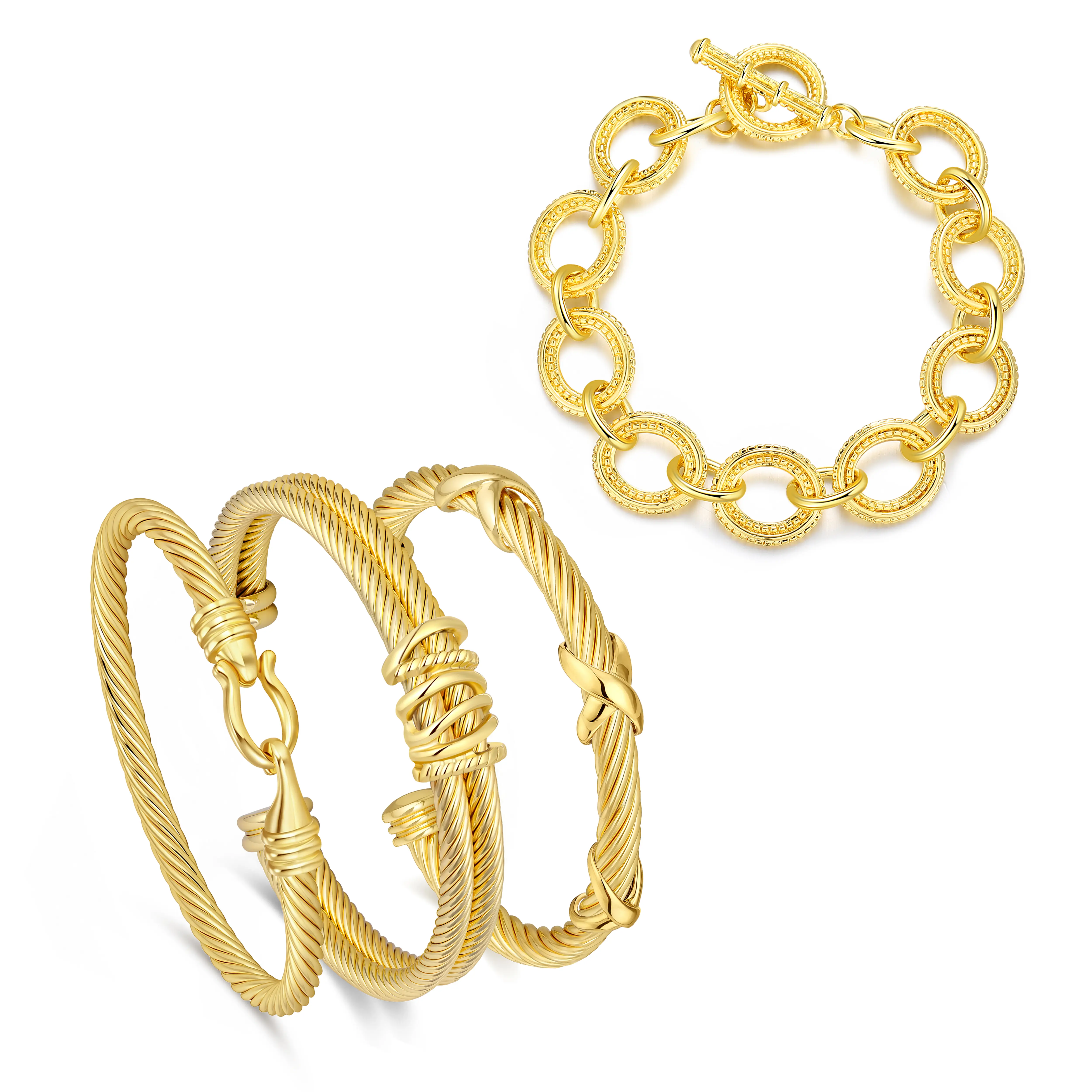 Aprilery Trendy 4PCS Twisted Adjustable Cable & Chain Link Jewelry Arm Candy Set – Stackable Knot & Hook Bangle Bracelets for Women Perfect Everyday Jewelry Gold Bracelets tiktokshopbacktoschool