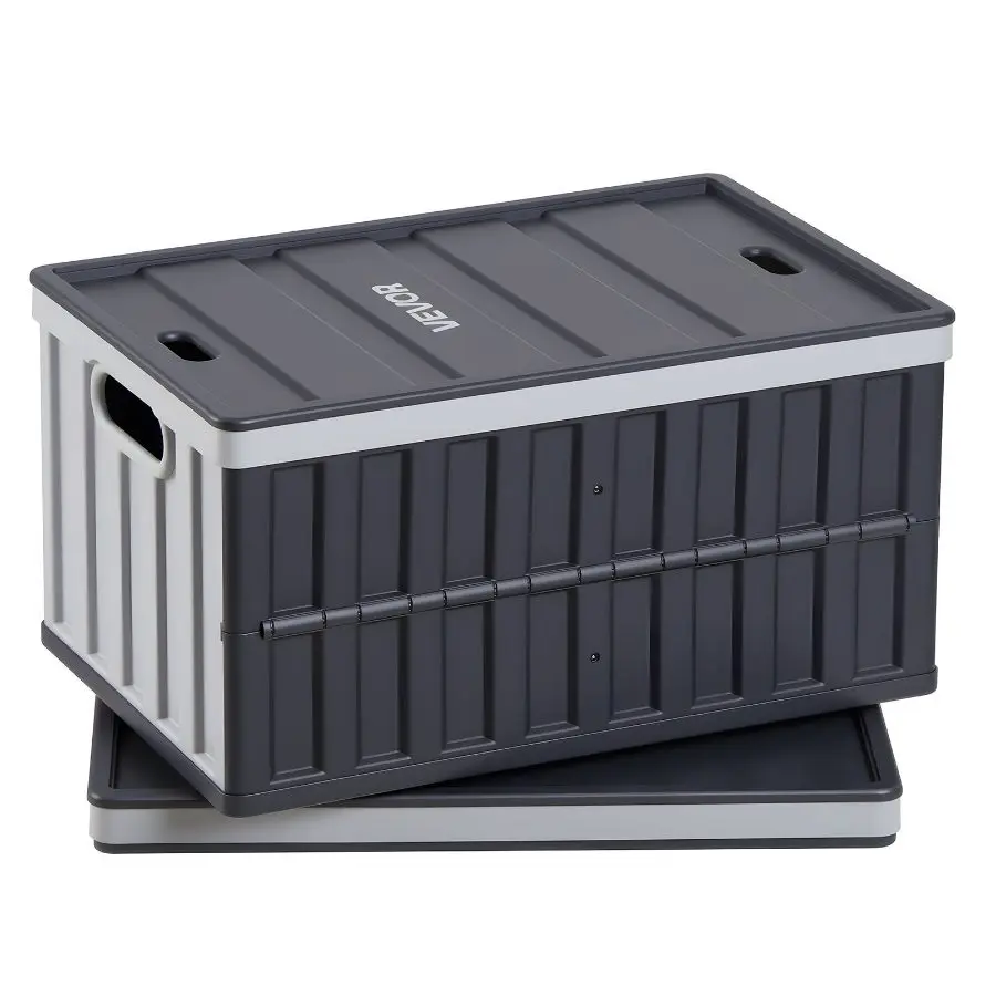 VEVOR Plastic Collapsible Storage Bins with Lids, 65L 2 Packs, Stackable Folding Storage Crates with Handles, Holds 84 lbs Per Bin, Heavy Duty Containers, Space-Saving Baskets, for Home Organizing