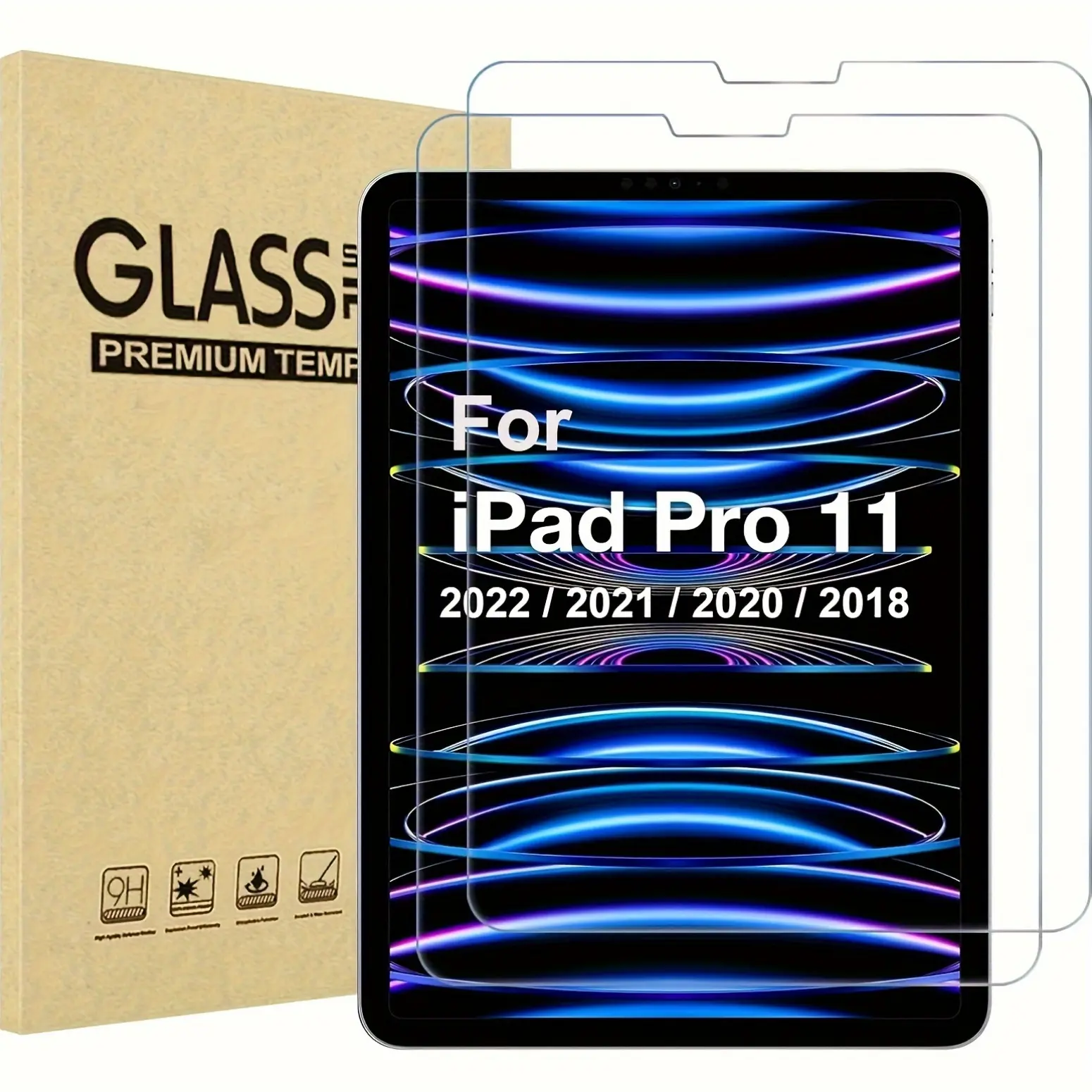 2-Pack iPad Pro 11 Inch Screen Protector, Tempered Glass Protector, Protective Glass, Tablet Protector, 9h Hardness, Anti-Fingerprint, Anti-Glare, Scratch-Resistant, Compatible with Multiple Models, Tablet Screen Protectors