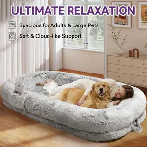 Large Human Dog Bed, Dog Bed Fits You & Pets, Adult and Pet Washable Giant People DogBed 10 CM Thick Memory Foam Large Oversize Dog Bed with Plump Pillow, Blanket, Strap - GreyWashable Faux Fur,Orthopedic, Plump Pillow, Blanket, Strap