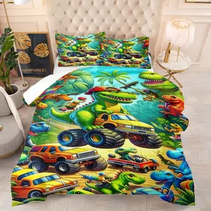 Cartoon Dinosaur and Car Quilt Set,Including 1 Quilt and 1 or 2 Pillowcases without Pillows,Suitable as a Gift for Boys,Soft Bedroom Decoration for Children,Teenagers