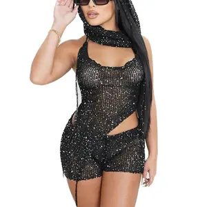 Women's Sexy 3-Piece Set: Sequin-Knit Backless Asymmetrical Halter Top, Crochet Shorts, and Party-Style Hooded Headpiece—A Sexy, Body-Sculpting, Cutout Mini-Shorts Ensemble outdoorfun