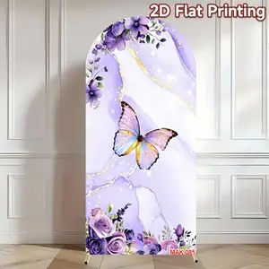 Purple Butterfly Floral Arched Backdrop Soft Double-Sided Fabric Suitable for Wedding Birthday Party Bridal Shower Decoration Background
