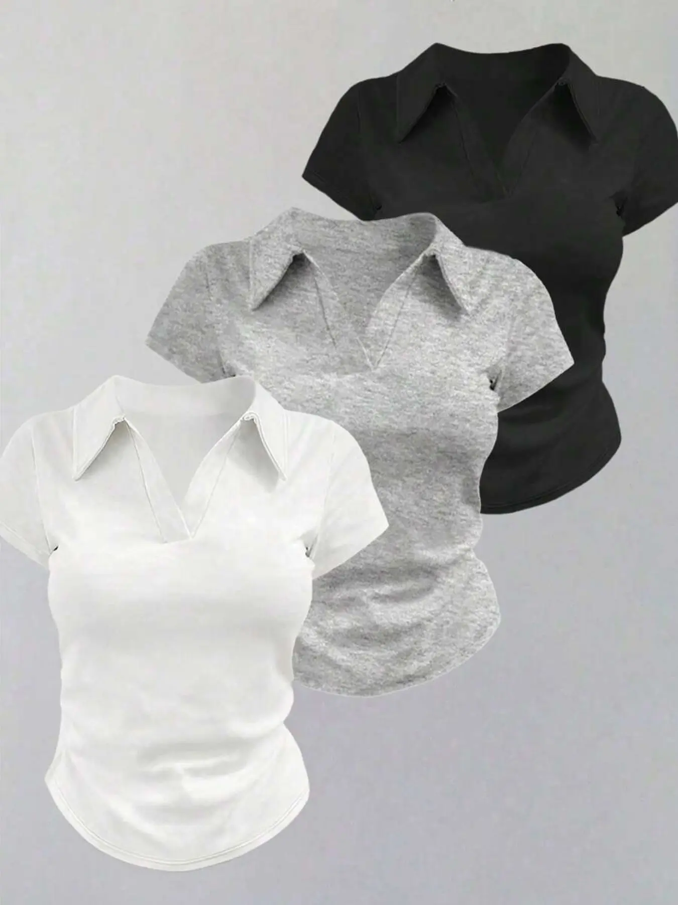Three-Piece Women's Y2K Versatile Fashion Aesthetic Polo Neck T-Shirts Set, Slim-Fit Casual Short Sleeve Tops