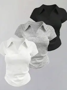 Three-Piece Set Women's Polo Neck V-Neck T-Shirts, Slim-Fit Casual Short Sleeve Tops, Y2K Style, Multi-Colors, Versatile Fashion
