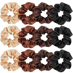 12 count Satin Scrunchies Glossy Silk Neutral Color Scrunchies for Women and Girls Mulberry Silk Hair Ties for Thick Curly & Thin Hair Soft Ponytail Holder No