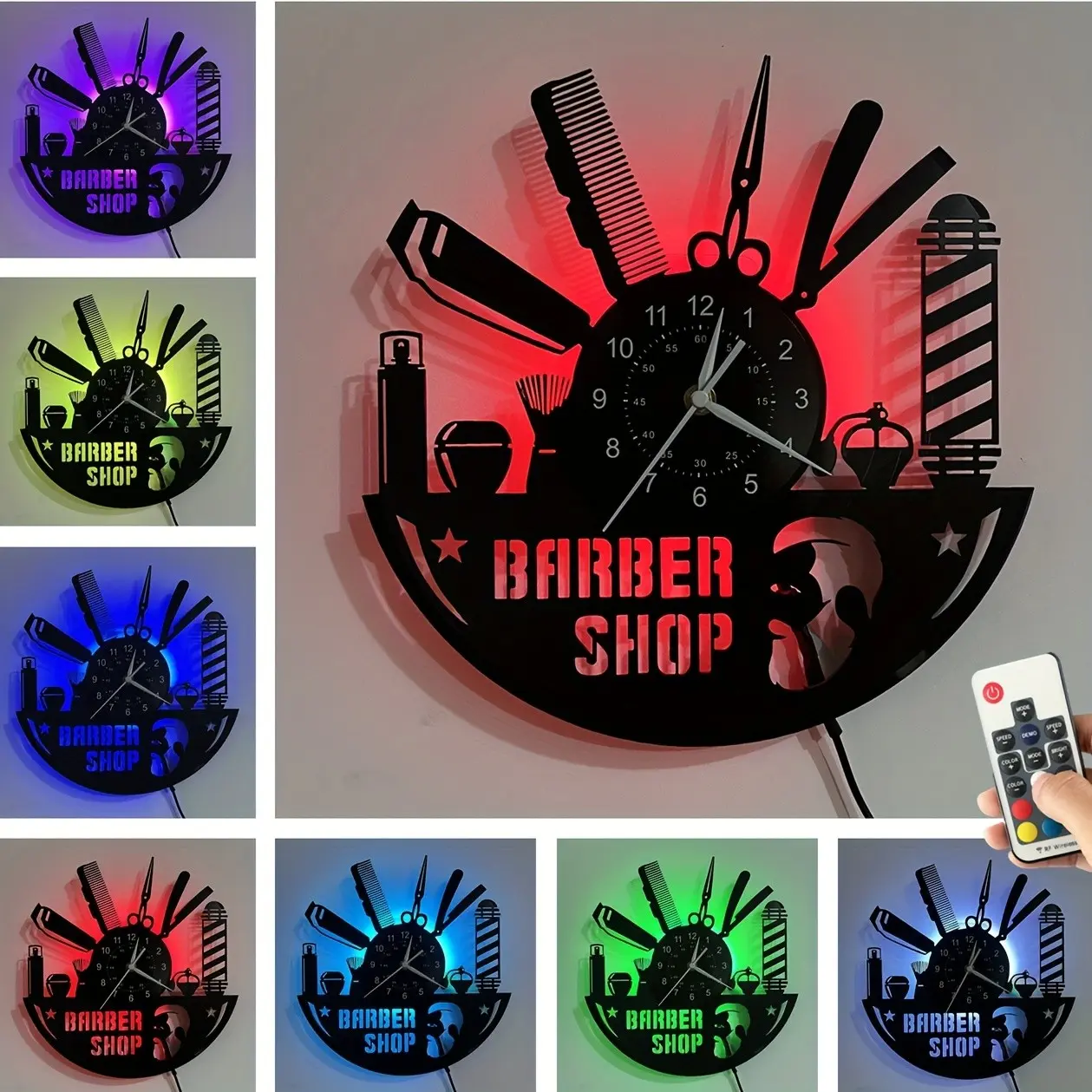 Barber Shop Vinyl Record Wall Clock with 7 Color LED Lights, Handmade Wall Art Decor Featuring Classic Barber Tool Design, Unique Gift for Home Kitchen or Barbershop, Creative Decorative Clock, Battery Operated Wall Clock
