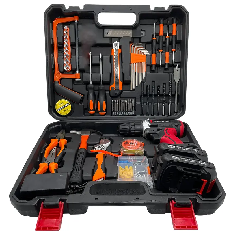 102pcs cordless electric drill set, 20v electric drill, hammer, pliers, screw batch, tape measure, wrench, hand saw and other supporting tools, 2 batteries and 1 quick charger, household manual repair tool set, Christmas gift for husband.