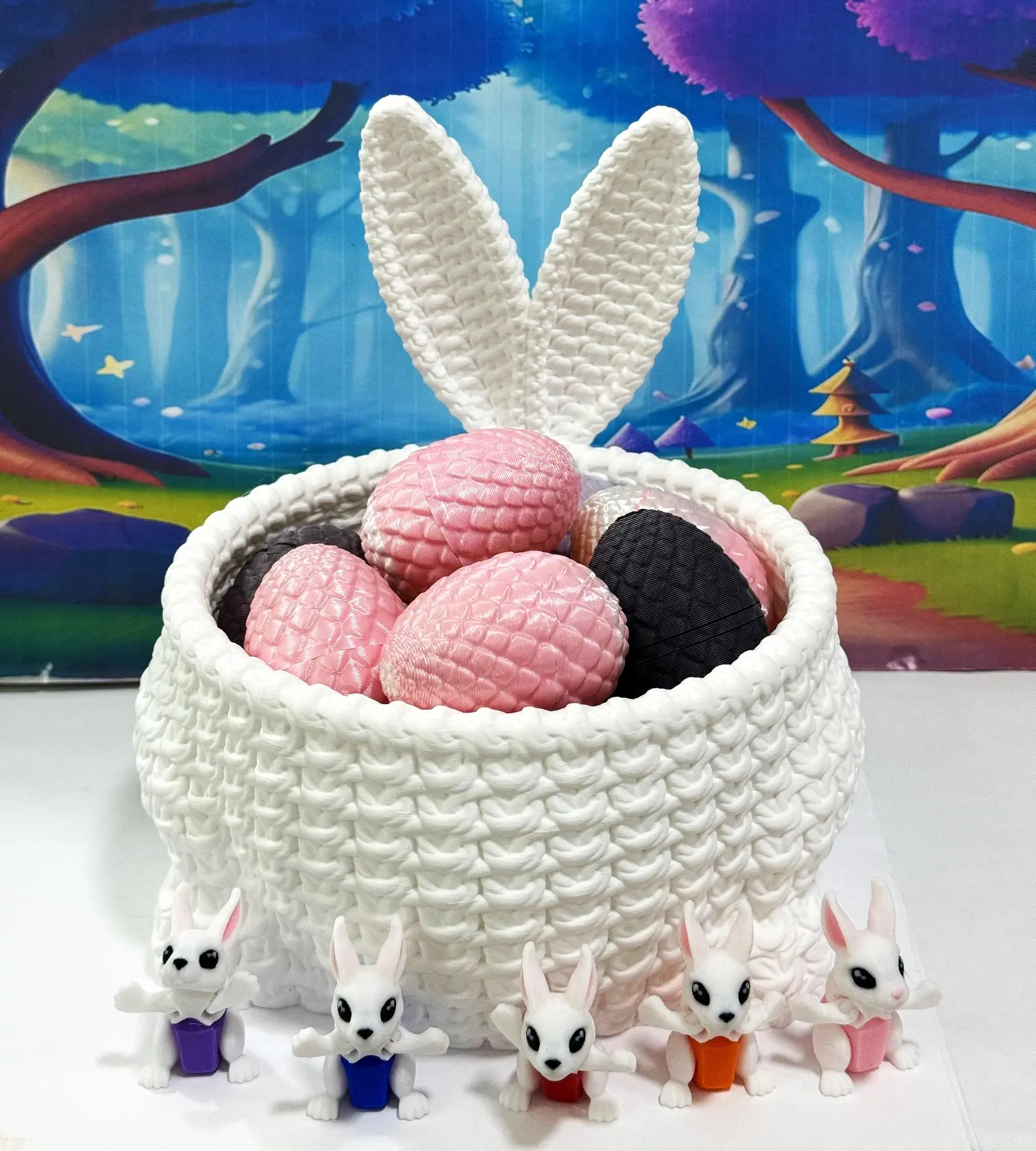 3D Printed Easter Bunny Basket with Colorful Eggs – Mini Wicker-Style Decor