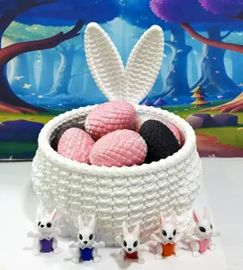 3D Printed Easter Bunny Basket with Colorful Eggs – Mini Wicker-Style Decor