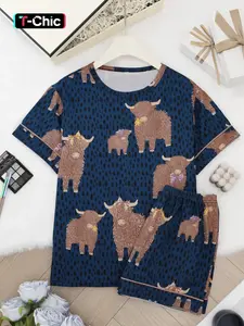 Women's All Over Sheep Print Tee & Shorts Pyjama Two-Piece Set, Pajama Set, Casual Comfy Round Neck Short Sleeve T-shirt & Shorts PJ Set, Ladies Summer Sleepwear, Sleepwear Pajamas Set