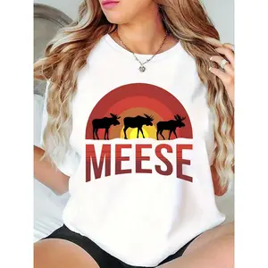 Women’s White Graphic T-Shirt | Moose Silhouettes, Sunset & 'MEESE' Print | Casual Outdoor/Everyday Tee for Nature Enthusiasts, Fall Style