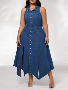 Plus Size Sexy Denim Dress with Side Slit, Pockets and Button, Elegant Women's Fashion, Casual Everyday Wear for Spring & Fall Seasons, Womenswear