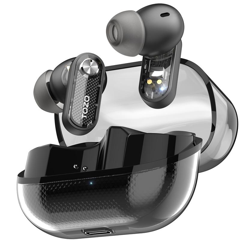TOZO-Crystal Pods Hybrid Active Noise Cancelling Wireless Earbuds, Dual Mics ENC AI Clear Calls, Bluetooth 5.4 in Ear Headphones, 35H Long Playtime, IPX5 Waterproof Headset Black Charging Audio Electronic Connection Custom Stereo Chargeable