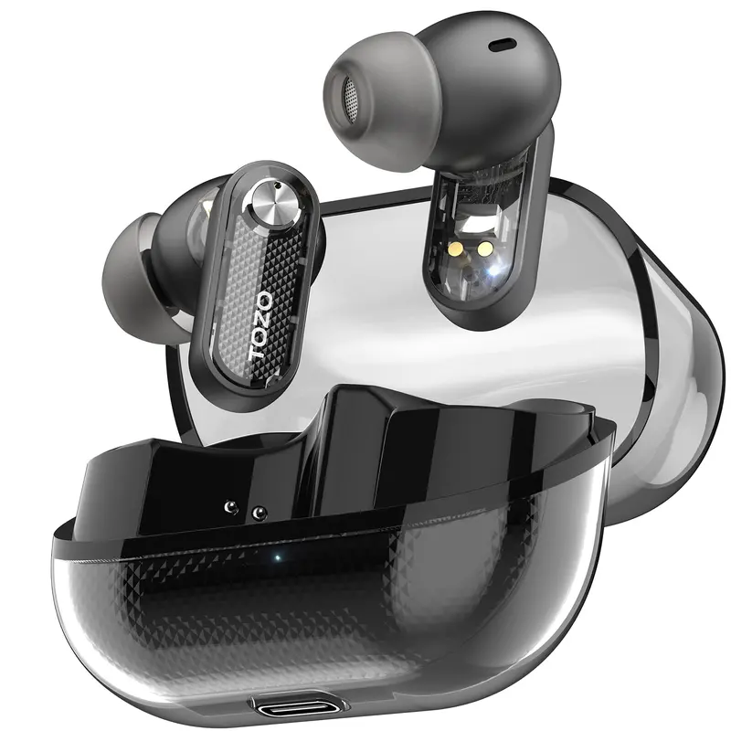 TOZO-Crystal Pods Hybrid Active Noise Cancelling Wireless Earbuds, Dual Mics ENC AI Clear Calls, Bluetooth 5.4 in Ear Headphones, 35H Long Playtime, IPX5 Waterproof Headset Black Charging Audio Electronic Connection Custom Stereo Chargeable