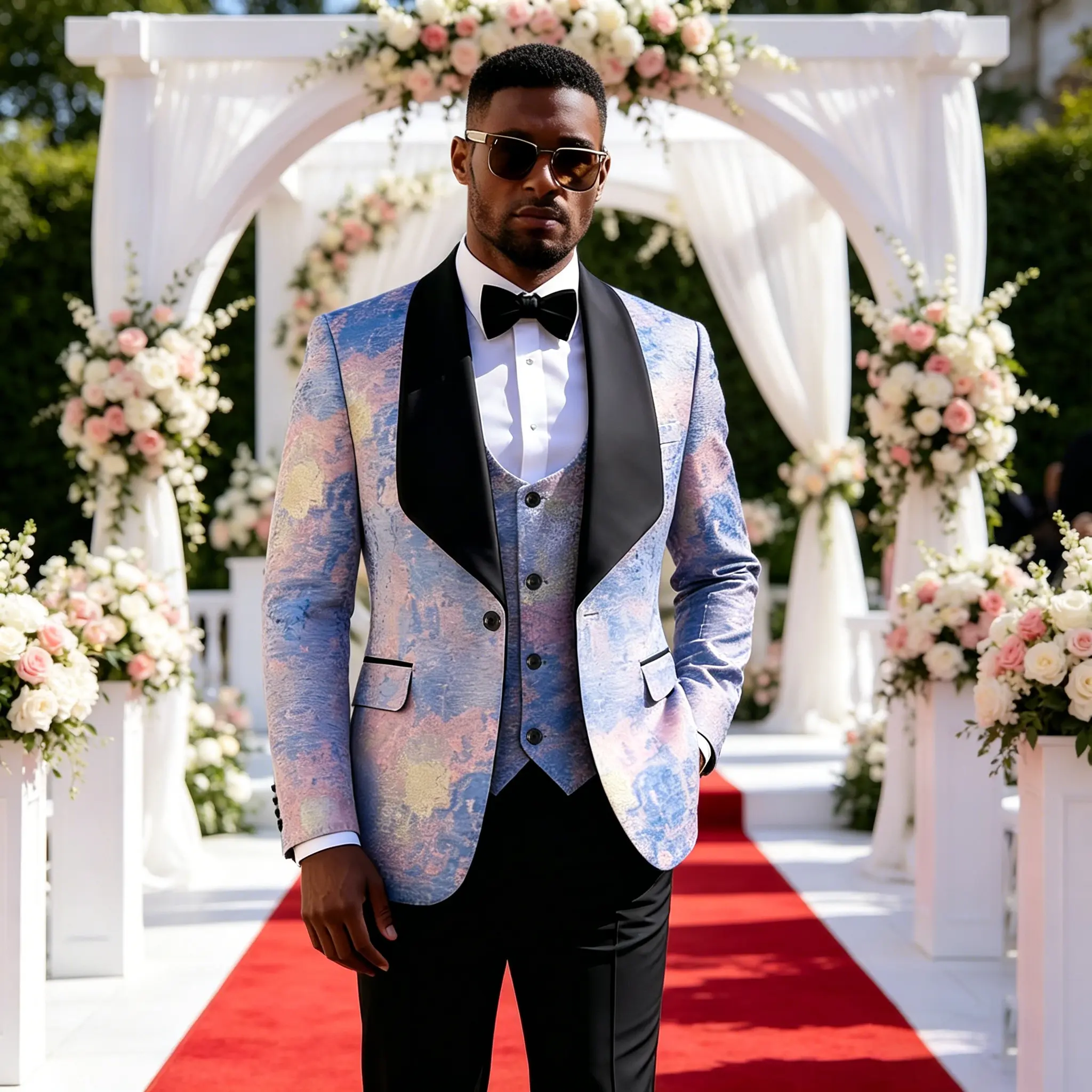 Men's 3-Piece Batik Dyeing Jacquard Tuxedo Suit - Long Sleeve Satin Blazer & Turtleneck, Luxury Pink-Blue Formal Wear for Wedding, Prom, Jacket, Slim Fit, Menswear, Matching, Metallic, Vest, Pocket, Stylish, Fabric