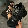 Boho Gothic Style Women's Shoes, PU Leather Eva Sole, Plain Pattern, Fish Mouth Wedge Heel, Thick Bottom, Comfortable Casual Comfy Sandals