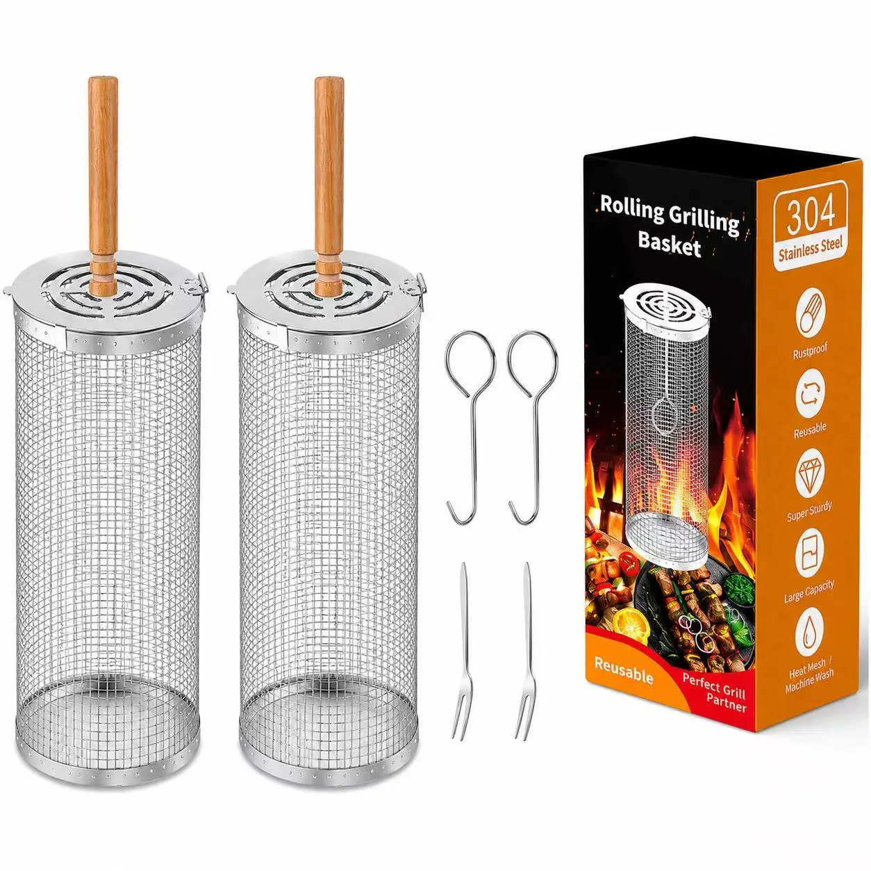Rolling Grill Basket, 304 Stainless Steel Portable BBQ Rolling Grilling Tube with Detachable Wooden Handle, Even Cooking Mesh Grill Cage for Vegetables, Shrimp, Meat, Fish, Outdoor Camping Barbecue Accessories