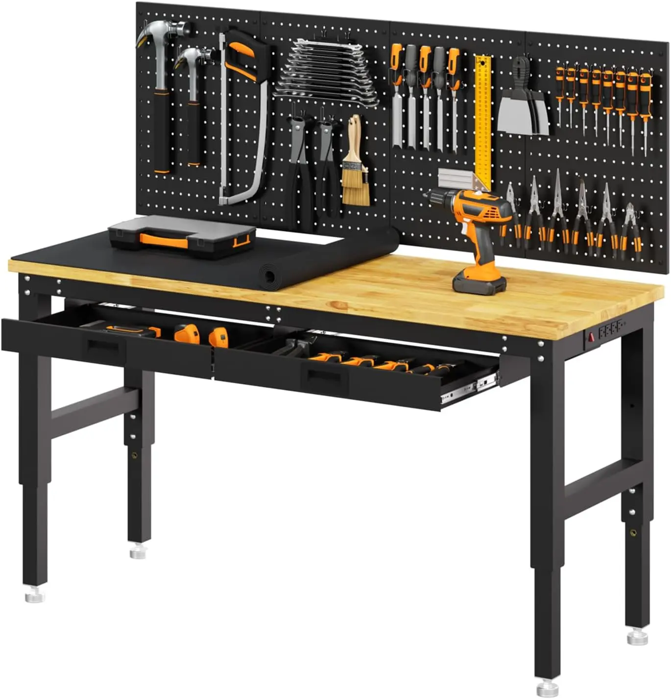 60in Rectangular Adjustable Workbench - 3000 lbs Capacity Heavy-Duty Desk with Adjustable Desktop, Power Outlets, Rubberwood Top, 2 Drawers & Pegboard for Garage, Workshop (Work from Home Ready)